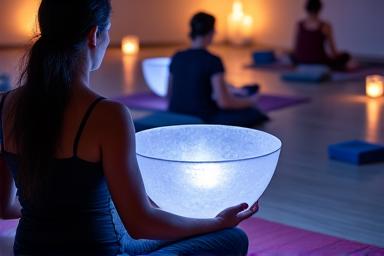 クリスタルボウルとゴングでサウンドバスを行うセラピスト